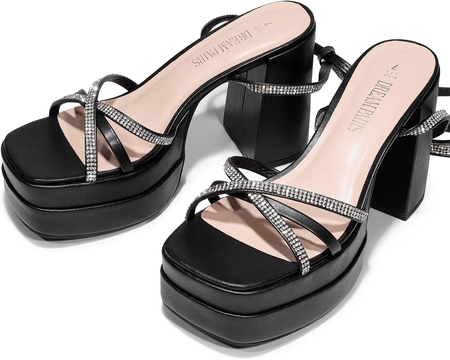 DREAM PAIRS Women's Lace Up Platform Heels Rhinestone High Strappy Chunky Sandal Y2K Shoe for Club Party Date Prom