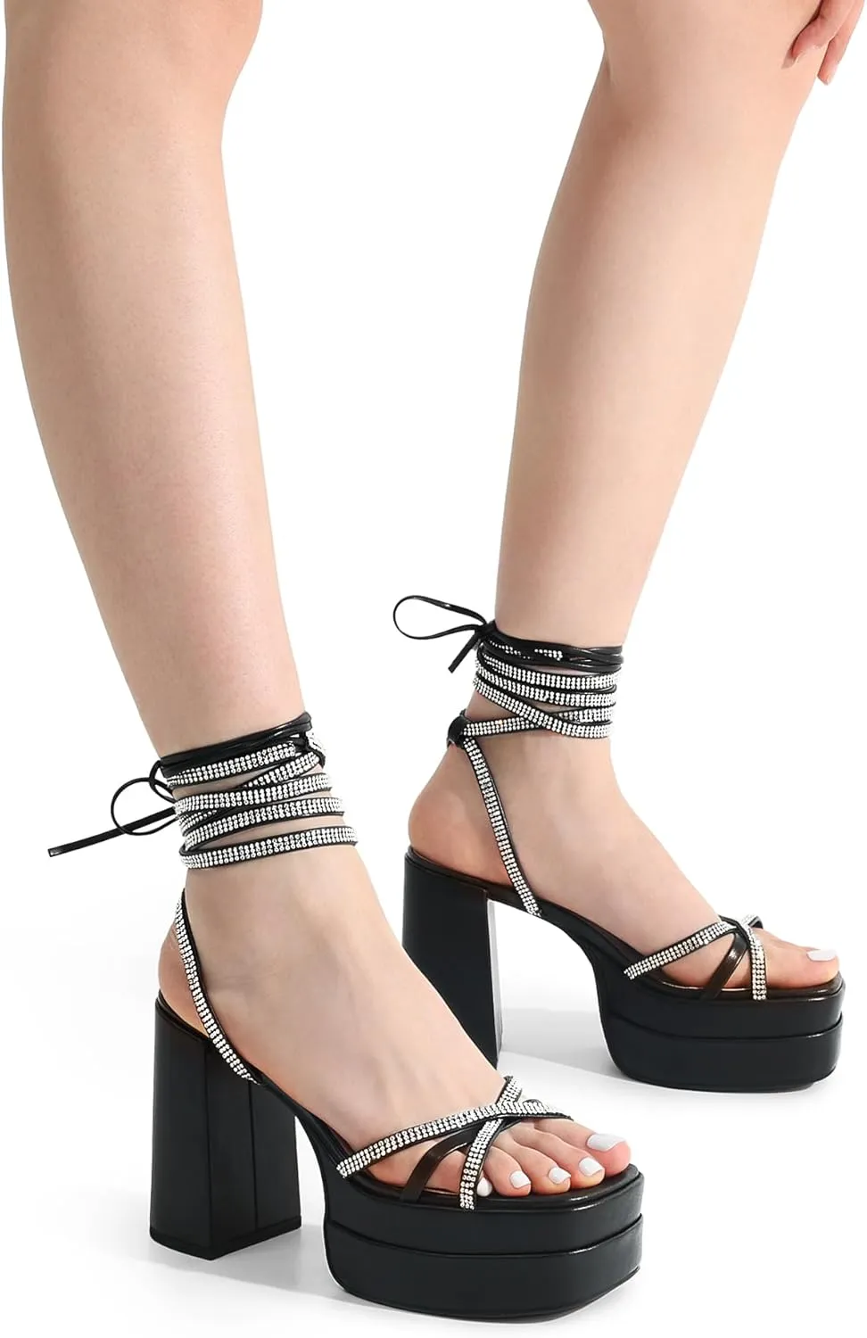 DREAM PAIRS Women's Lace Up Platform Heels Rhinestone High Strappy Chunky Sandal Y2K Shoe for Club Party Date Prom
