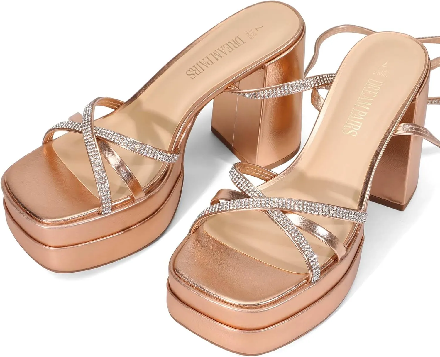 DREAM PAIRS Women's Lace Up Platform Heels Rhinestone High Strappy Chunky Sandal Y2K Shoe for Club Party Date Prom