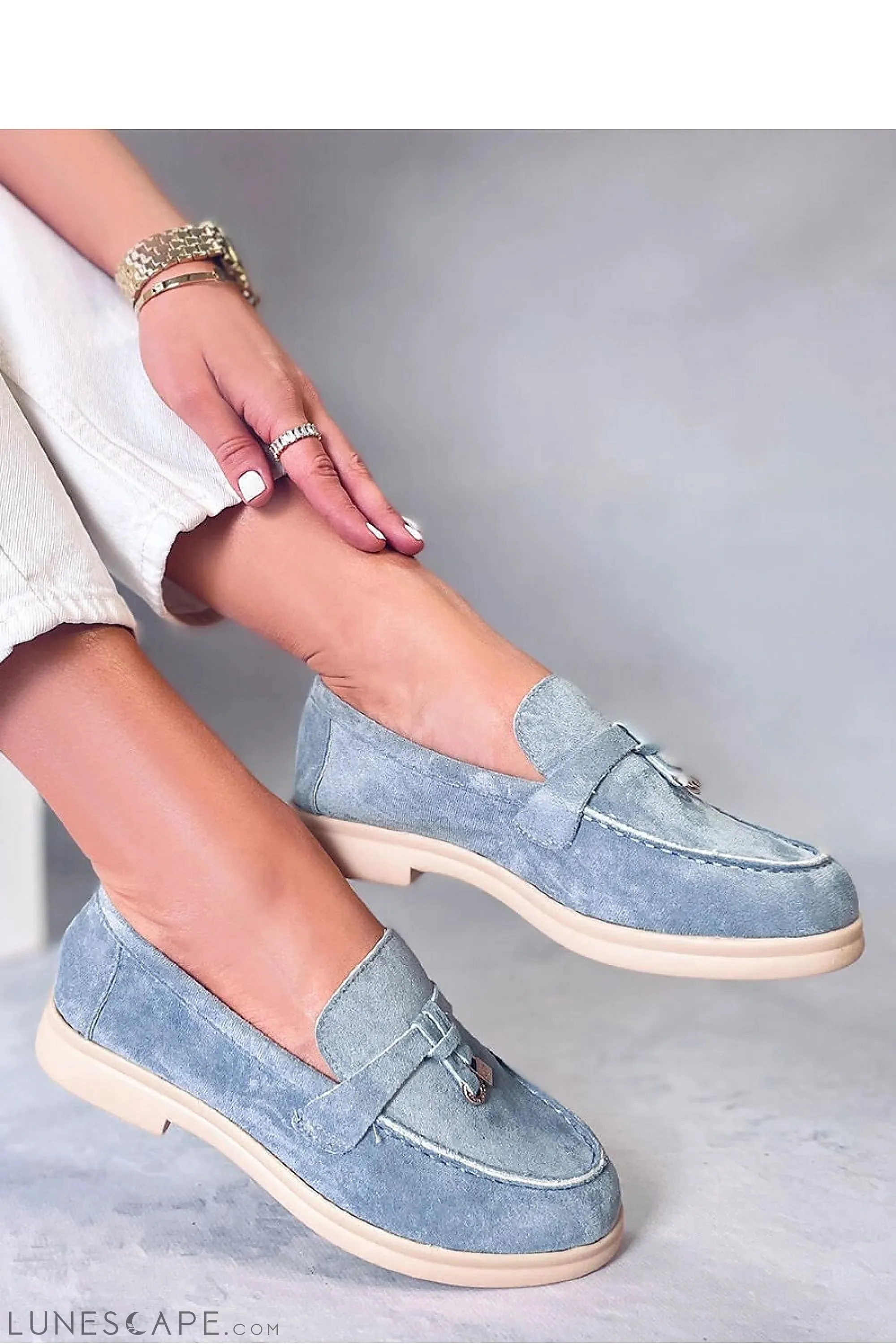 Dusty Blue Eco-Suede Penny Loafers with Gold Charm and Beige Sole