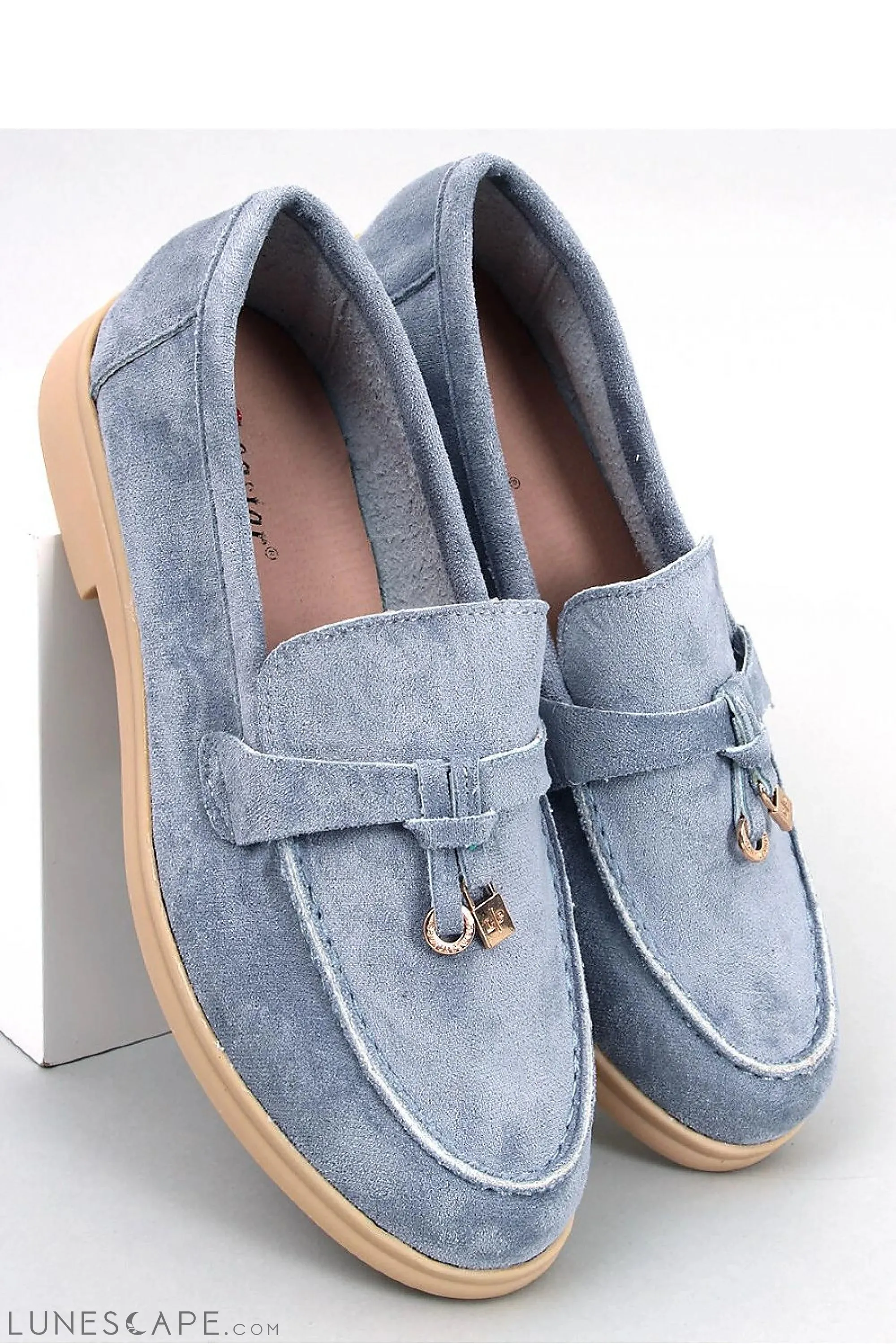 Dusty Blue Eco-Suede Penny Loafers with Gold Charm and Beige Sole