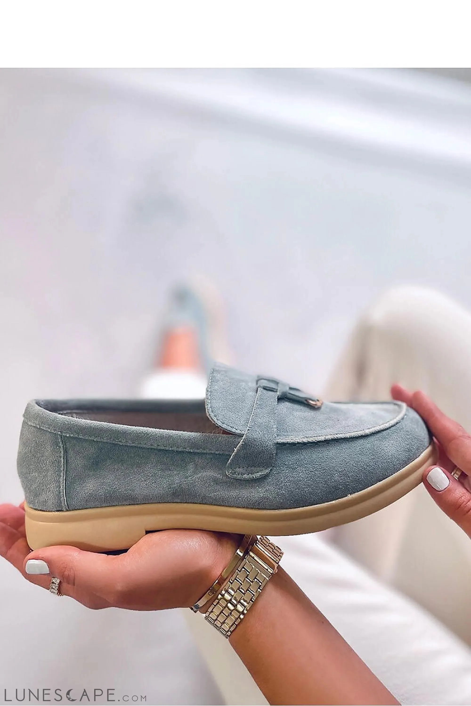 Dusty Blue Eco-Suede Penny Loafers with Gold Charm and Beige Sole