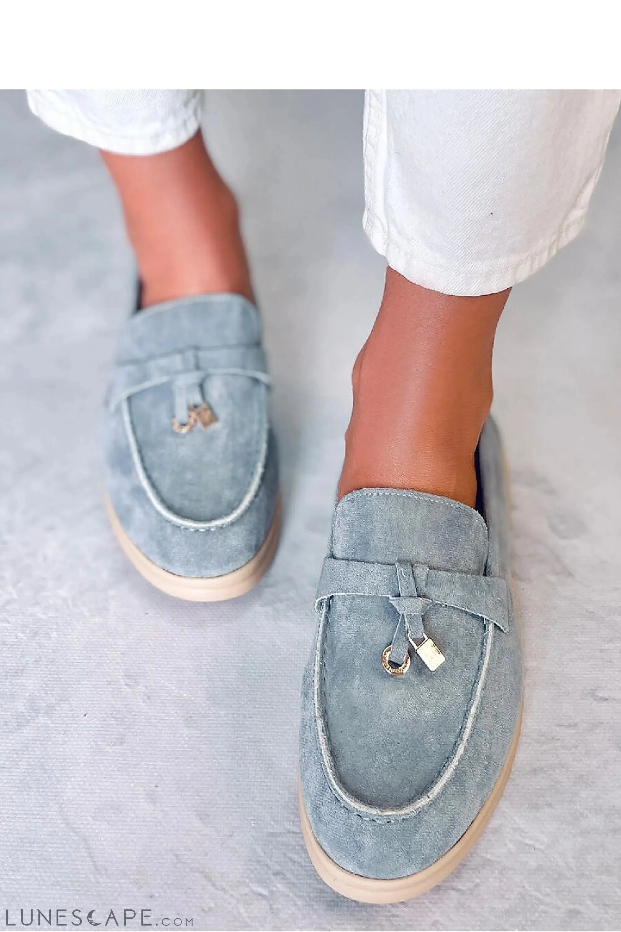 Dusty Blue Eco-Suede Penny Loafers with Gold Charm and Beige Sole