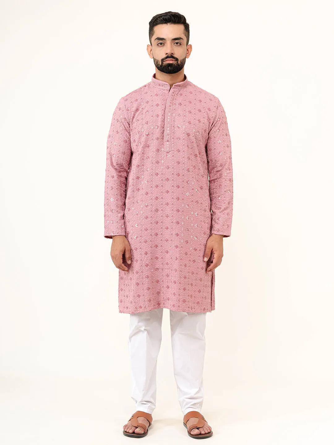 Dusty Rose Designer Cotton Embroidered kurta for Men