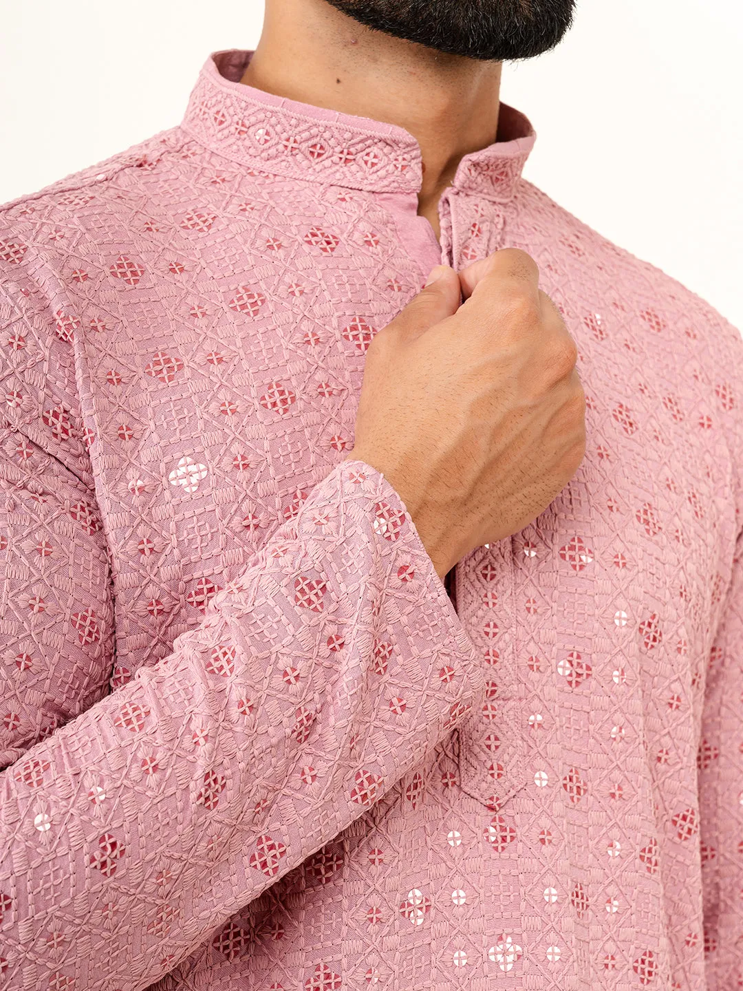 Dusty Rose Designer Cotton Embroidered kurta for Men