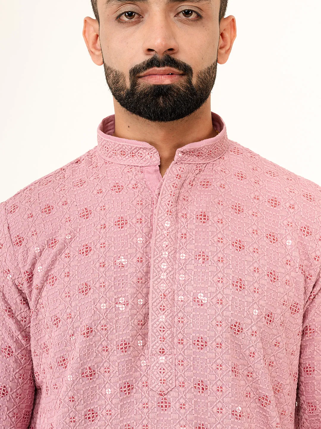 Dusty Rose Designer Cotton Embroidered kurta for Men