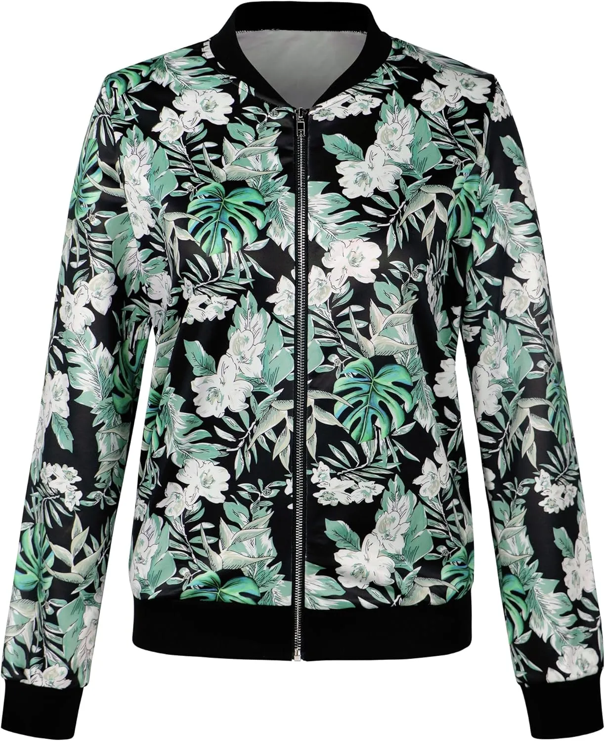 ECOWISH Women's Casual Floral Zip Up Bomber Jacket Coat Lightweight Short Camo No Lining Outwear Tops Windbreaker with Pocket