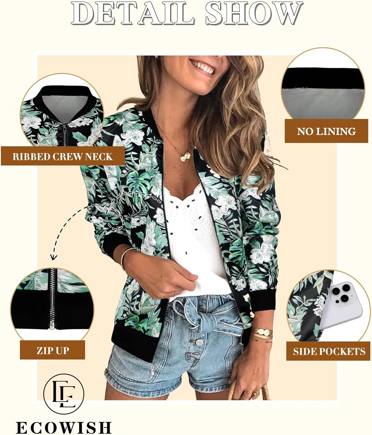 ECOWISH Women's Casual Floral Zip Up Bomber Jacket Coat Lightweight Short Camo No Lining Outwear Tops Windbreaker with Pocket