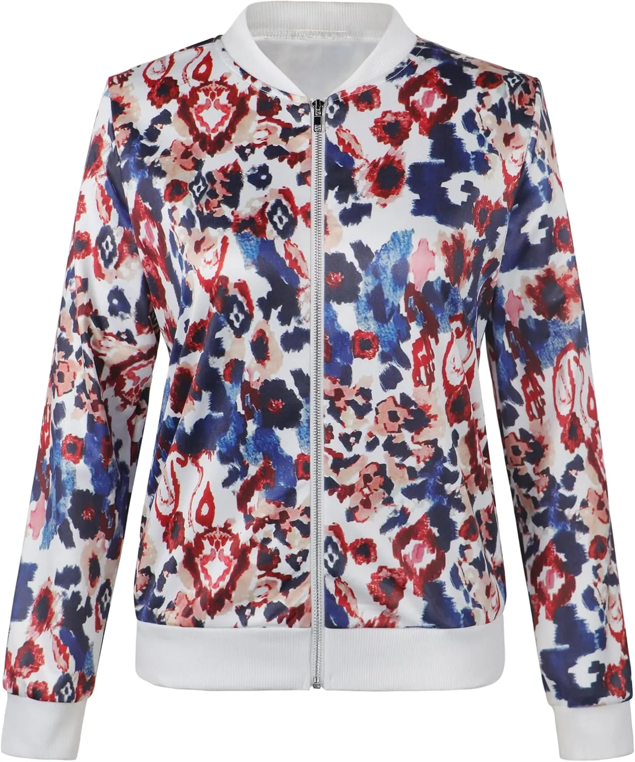 ECOWISH Women's Casual Floral Zip Up Bomber Jacket Coat Lightweight Short Camo No Lining Outwear Tops Windbreaker with Pocket