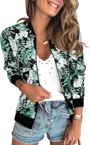 ECOWISH Women's Casual Floral Zip Up Bomber Jacket Coat Lightweight Short Camo No Lining Outwear Tops Windbreaker with Pocket