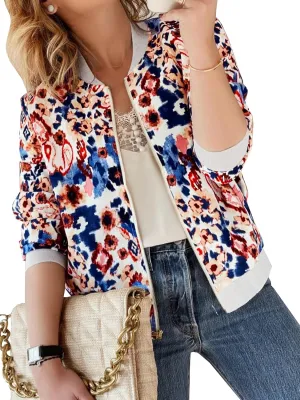 ECOWISH Women's Casual Floral Zip Up Bomber Jacket Coat Lightweight Short Camo No Lining Outwear Tops Windbreaker with Pocket