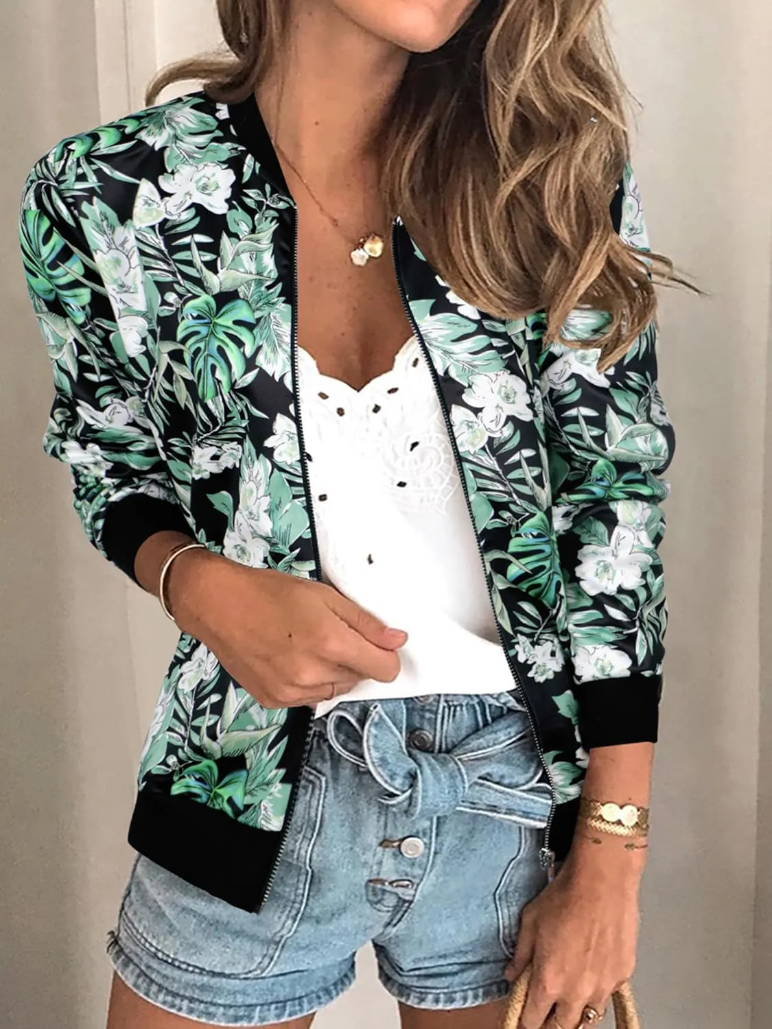 ECOWISH Women's Casual Floral Zip Up Bomber Jacket Coat Lightweight Short Camo No Lining Outwear Tops Windbreaker with Pocket