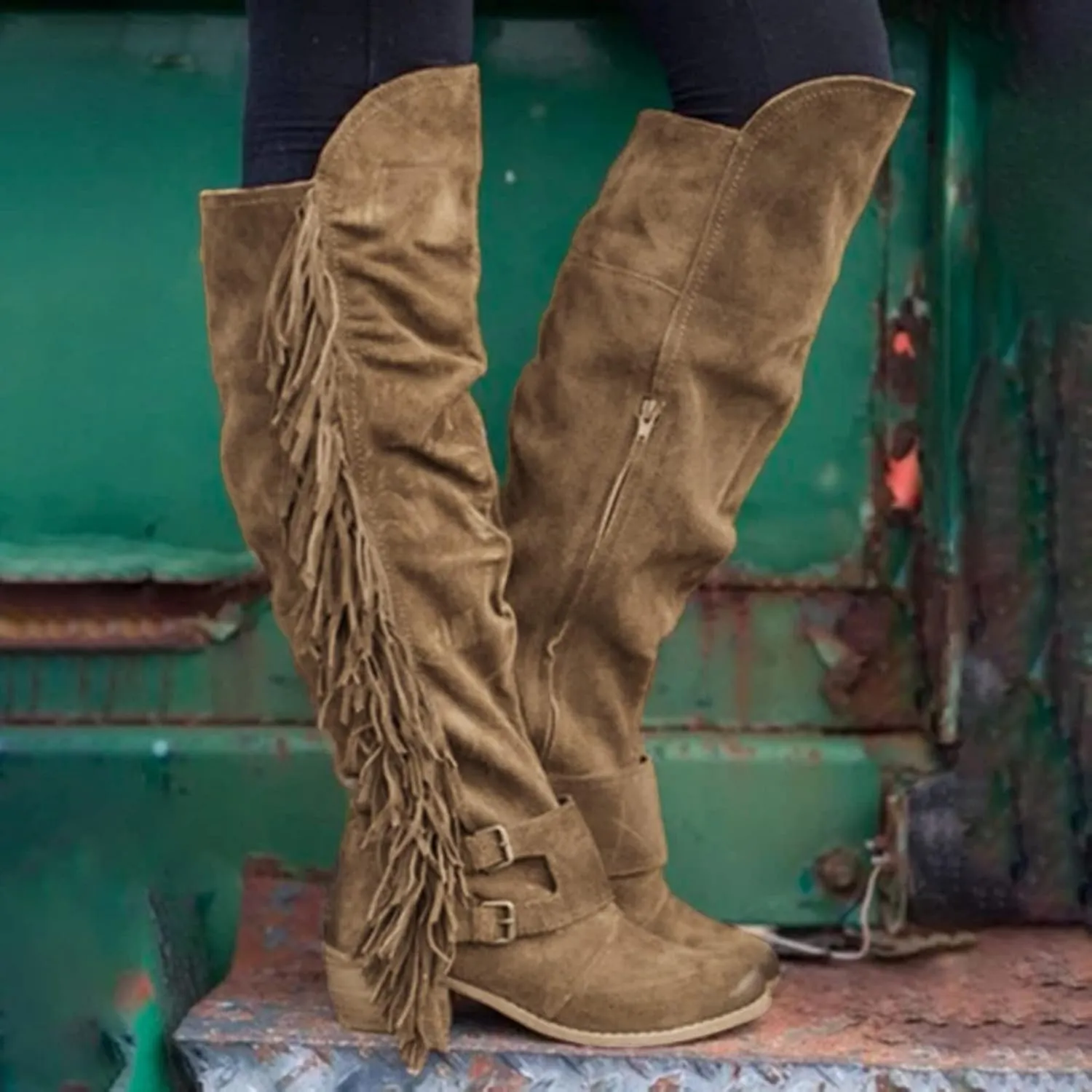 Eduavar Cowboy Boots for Women Cowboy Style, Cowgirl Boots Women Wide Calf Low Heel Fringes Boots Lassy Tassel Western Boots