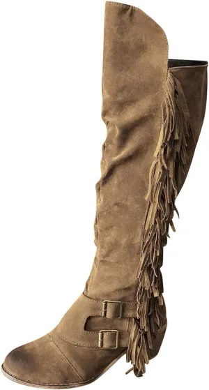 Eduavar Cowboy Boots for Women Cowboy Style, Cowgirl Boots Women Wide Calf Low Heel Fringes Boots Lassy Tassel Western Boots