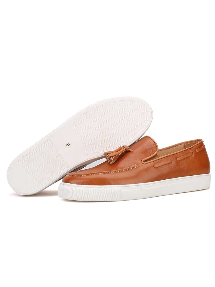 European and American casual style men's slip-on white-soled shoes imported genuine leather brown color-brushed tassel thick-soled loafers for men