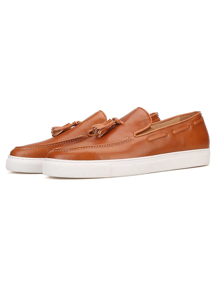 European and American casual style men's slip-on white-soled shoes imported genuine leather brown color-brushed tassel thick-soled loafers for men