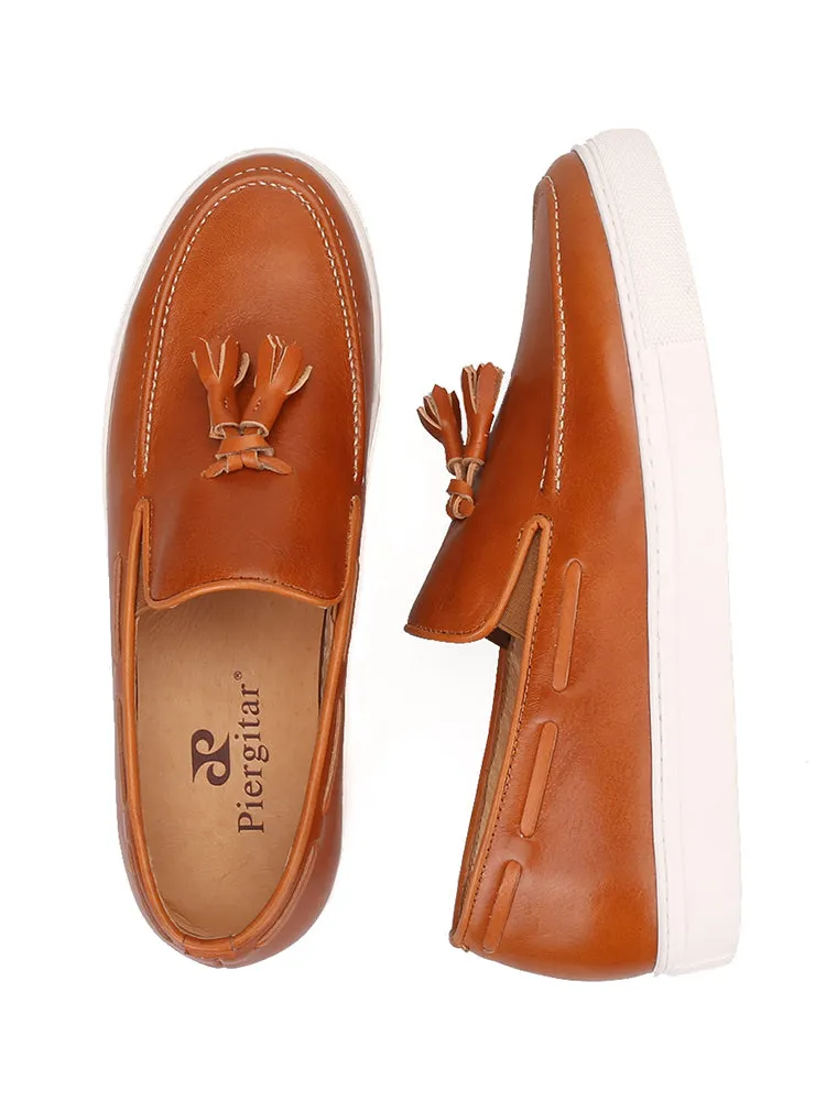 European and American casual style men's slip-on white-soled shoes imported genuine leather brown color-brushed tassel thick-soled loafers for men