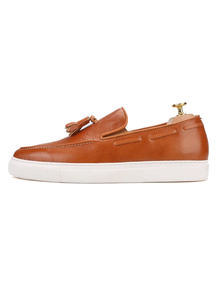 European and American casual style men's slip-on white-soled shoes imported genuine leather brown color-brushed tassel thick-soled loafers for men