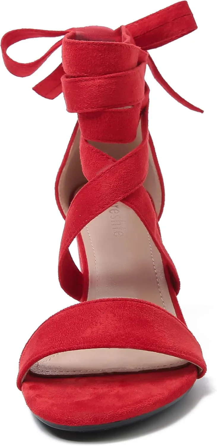 fereshte Women's Strappy Heels Lace Up Heels 3 Inch Chunky Block High Heel Dress Sandals