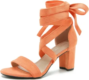 fereshte Women's Strappy Heels Lace Up Heels 3 Inch Chunky Block High Heel Dress Sandals