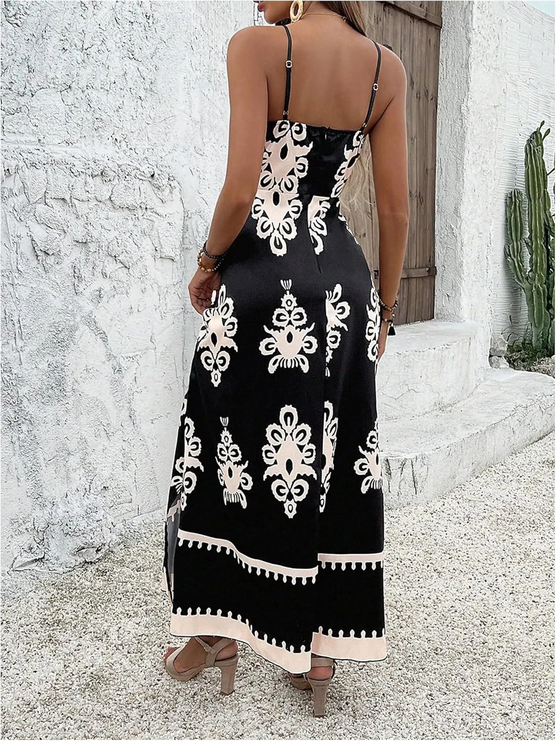 Floerns Women's Boho Print V Neck Split Cami Dress Sleeveless Vacation A Line Maxi Dresses