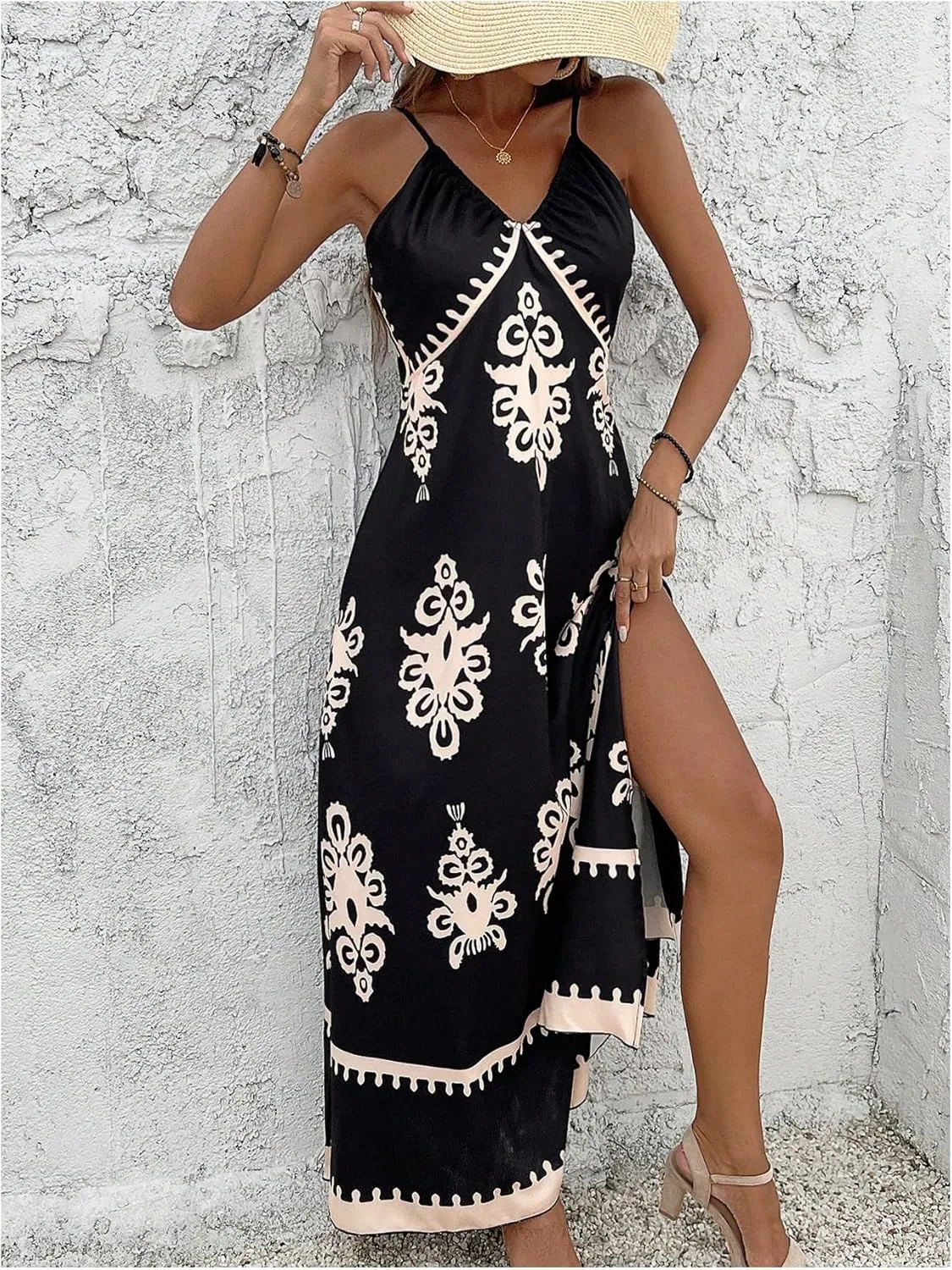 Floerns Women's Boho Print V Neck Split Cami Dress Sleeveless Vacation A Line Maxi Dresses