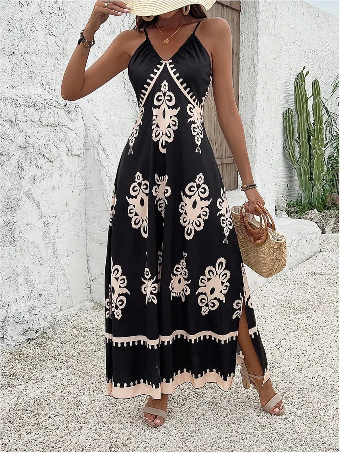 Floerns Women's Boho Print V Neck Split Cami Dress Sleeveless Vacation A Line Maxi Dresses