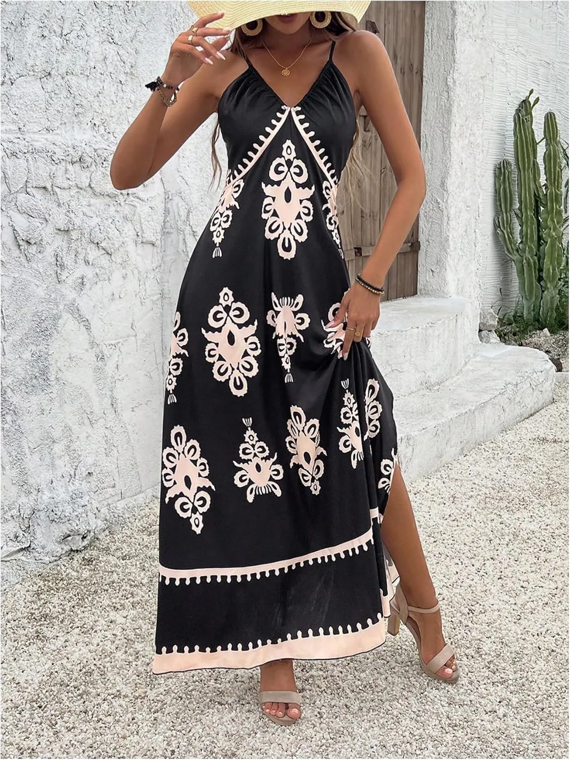 Floerns Women's Boho Print V Neck Split Cami Dress Sleeveless Vacation A Line Maxi Dresses