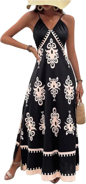 Floerns Women's Boho Print V Neck Split Cami Dress Sleeveless Vacation A Line Maxi Dresses