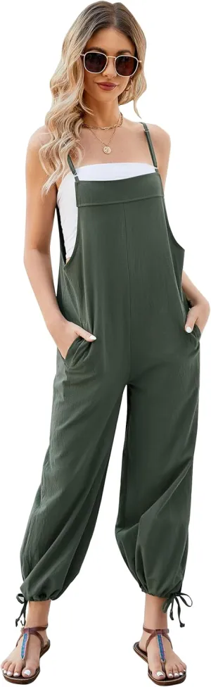Flygo Women's Fashion Cotton Linen Overalls Loose Fit Sleeveless Straps Wide Leg Baggy Jumpsuit Rompers