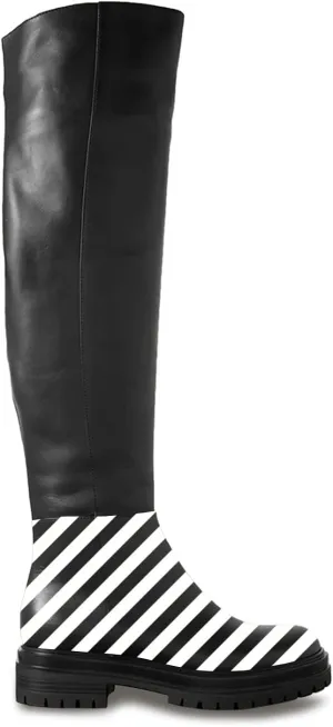FOWT Zebra Pattern Over Knee High Boots for Women Stretch Wide Calf Long Booties Low Chunky Heel Light Platform Round Toe Flat Booties Plus Size for Ladies Work Daily and Commuting,Size 4-16 US