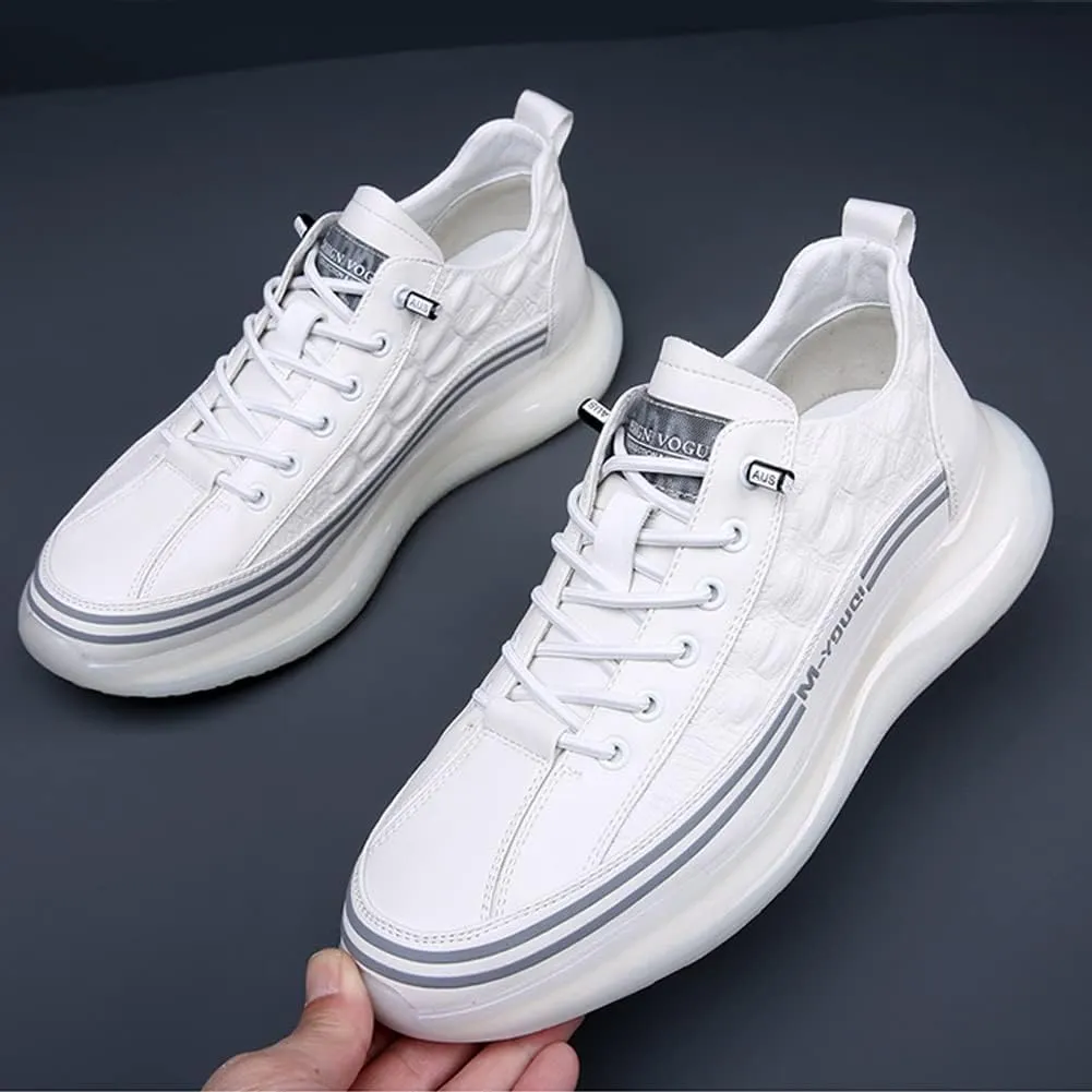 GHIBHNA Men's Crocodile Print Leather Sneakers Soft Leather Comfortable Lace up Running Shoes Non-Slip Fashion Casual Air-Cushioned Sneakers