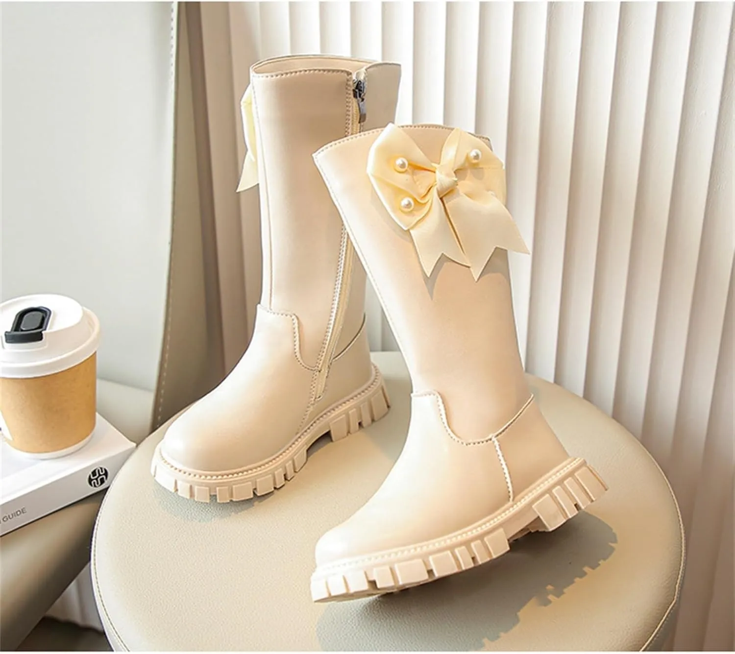 Girls Kids Bow Leather Boots Mid Length Side Zipper 𝐖aterproof Shoes Outdoor Dress Dance Non Slip Boots Soft Comfy