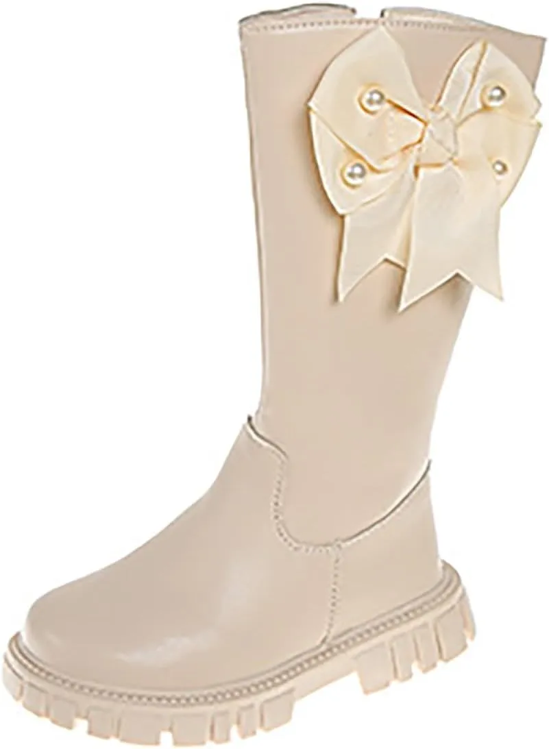 Girls Kids Bow Leather Boots Mid Length Side Zipper 𝐖aterproof Shoes Outdoor Dress Dance Non Slip Boots Soft Comfy
