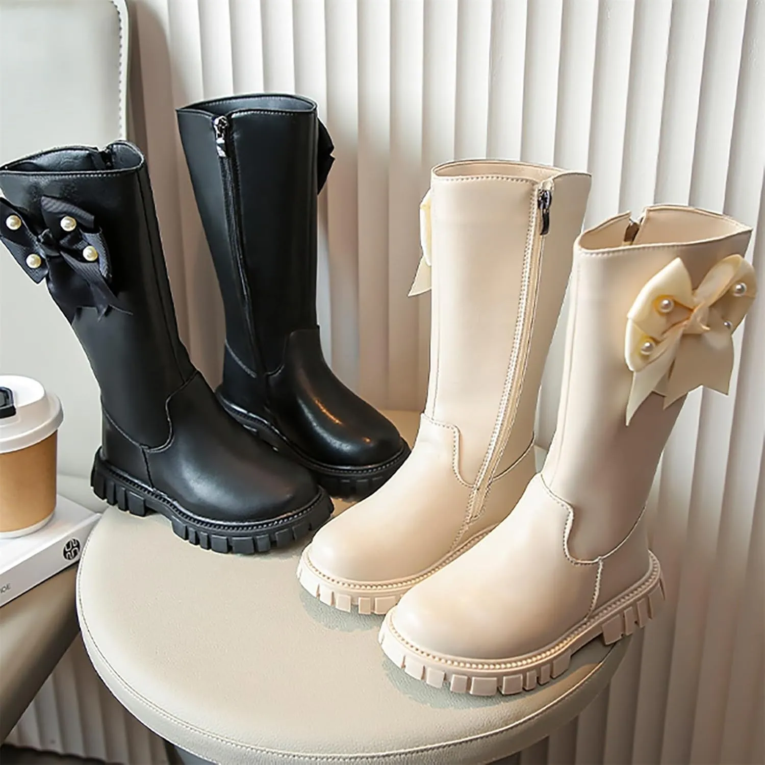 Girls Kids Bow Leather Boots Mid Length Side Zipper 𝐖aterproof Shoes Outdoor Dress Dance Non Slip Boots Soft Comfy