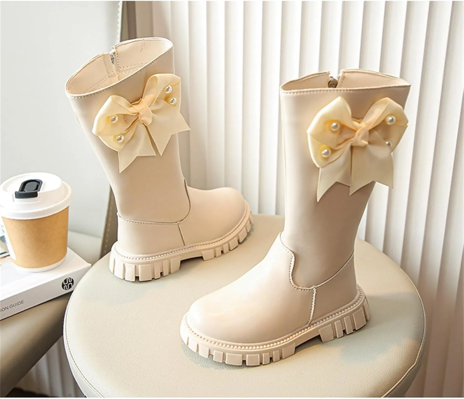 Girls Kids Bow Leather Boots Mid Length Side Zipper 𝐖aterproof Shoes Outdoor Dress Dance Non Slip Boots Soft Comfy