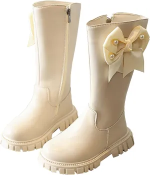Girls Kids Bow Leather Boots Mid Length Side Zipper 𝐖aterproof Shoes Outdoor Dress Dance Non Slip Boots Soft Comfy
