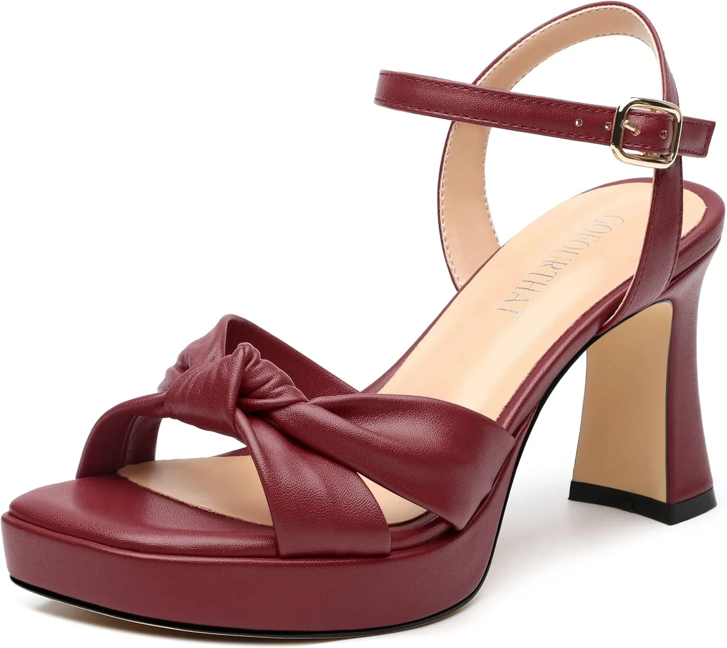GOFOUTHAT Platform Chunky Heels for Women with Adjustable Ankle Strap-Square Open Toe Bow Heels Dressy Shoes