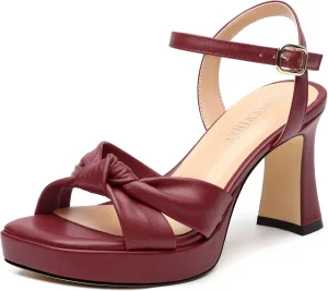 GOFOUTHAT Platform Chunky Heels for Women with Adjustable Ankle Strap-Square Open Toe Bow Heels Dressy Shoes