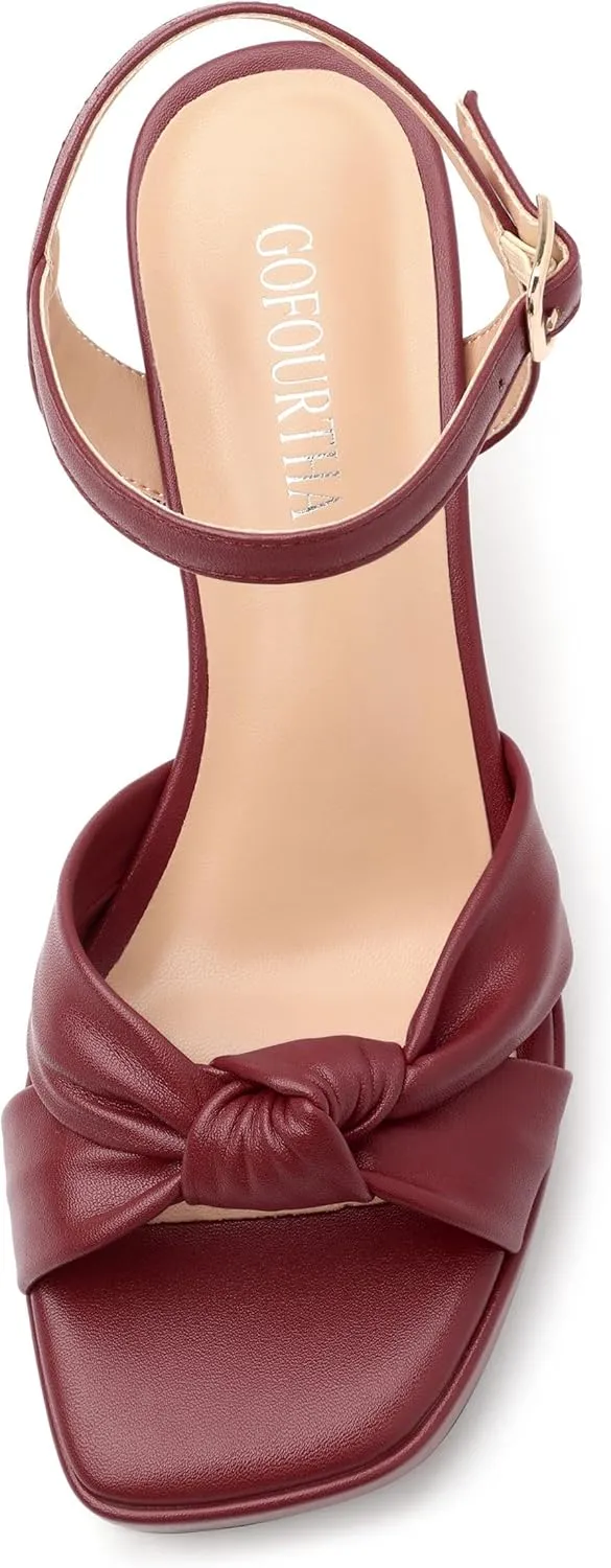 GOFOUTHAT Platform Chunky Heels for Women with Adjustable Ankle Strap-Square Open Toe Bow Heels Dressy Shoes