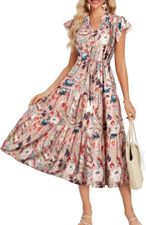 GRACE KARIN Womens Summer Floral Midi Dresses Short Sleeve Beach Wedding Guest Dress Drawstring Long Flowy Dress with Pockets