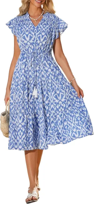 GRACE KARIN Womens Summer Floral Midi Dresses Short Sleeve Beach Wedding Guest Dress Drawstring Long Flowy Dress with Pockets