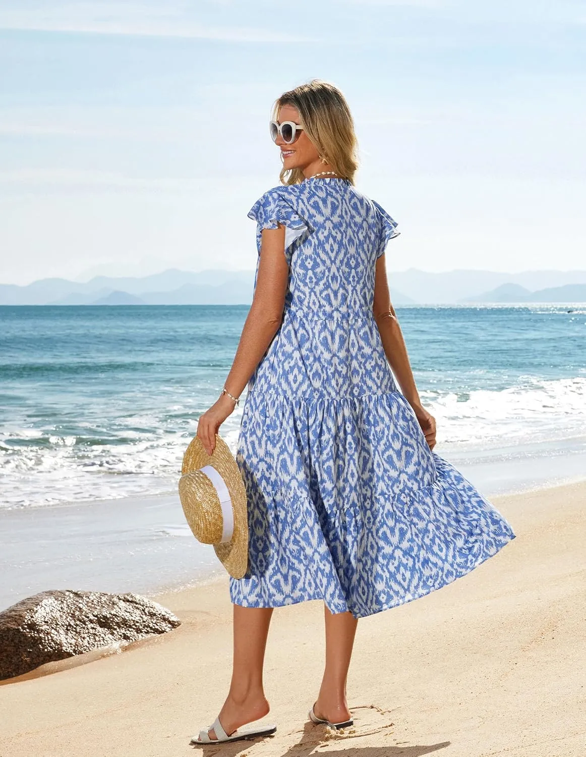 GRACE KARIN Womens Summer Floral Midi Dresses Short Sleeve Beach Wedding Guest Dress Drawstring Long Flowy Dress with Pockets