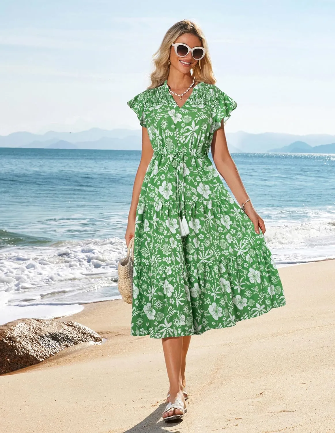GRACE KARIN Womens Summer Floral Midi Dresses Short Sleeve Beach Wedding Guest Dress Drawstring Long Flowy Dress with Pockets