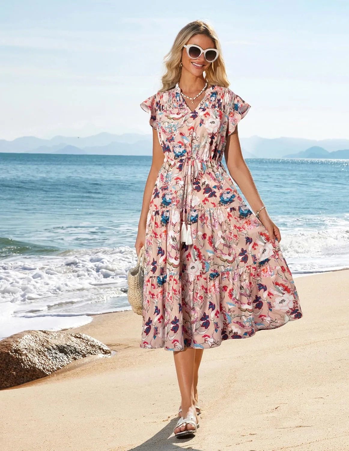 GRACE KARIN Womens Summer Floral Midi Dresses Short Sleeve Beach Wedding Guest Dress Drawstring Long Flowy Dress with Pockets