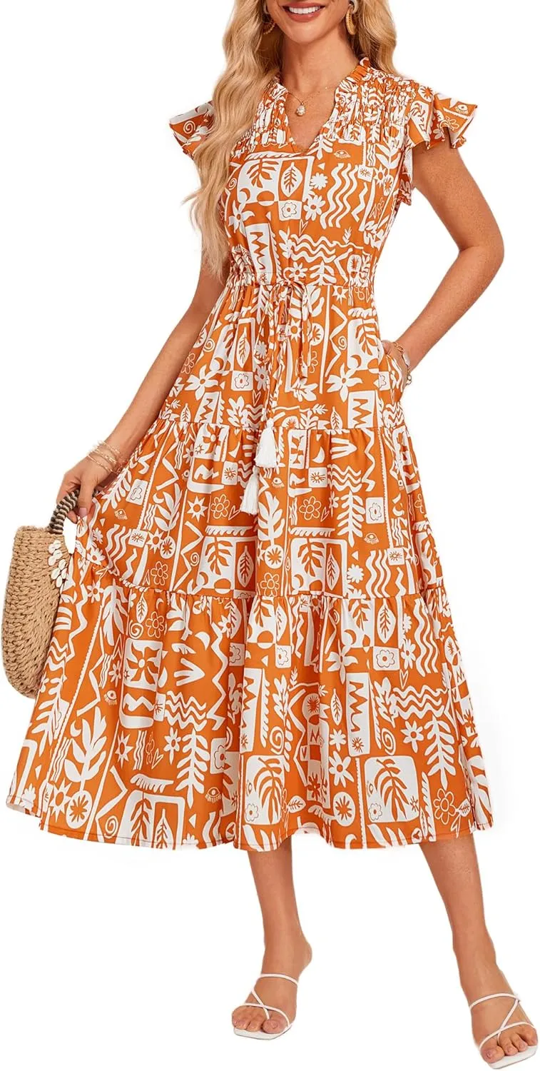 GRACE KARIN Womens Summer Floral Midi Dresses Short Sleeve Beach Wedding Guest Dress Drawstring Long Flowy Dress with Pockets