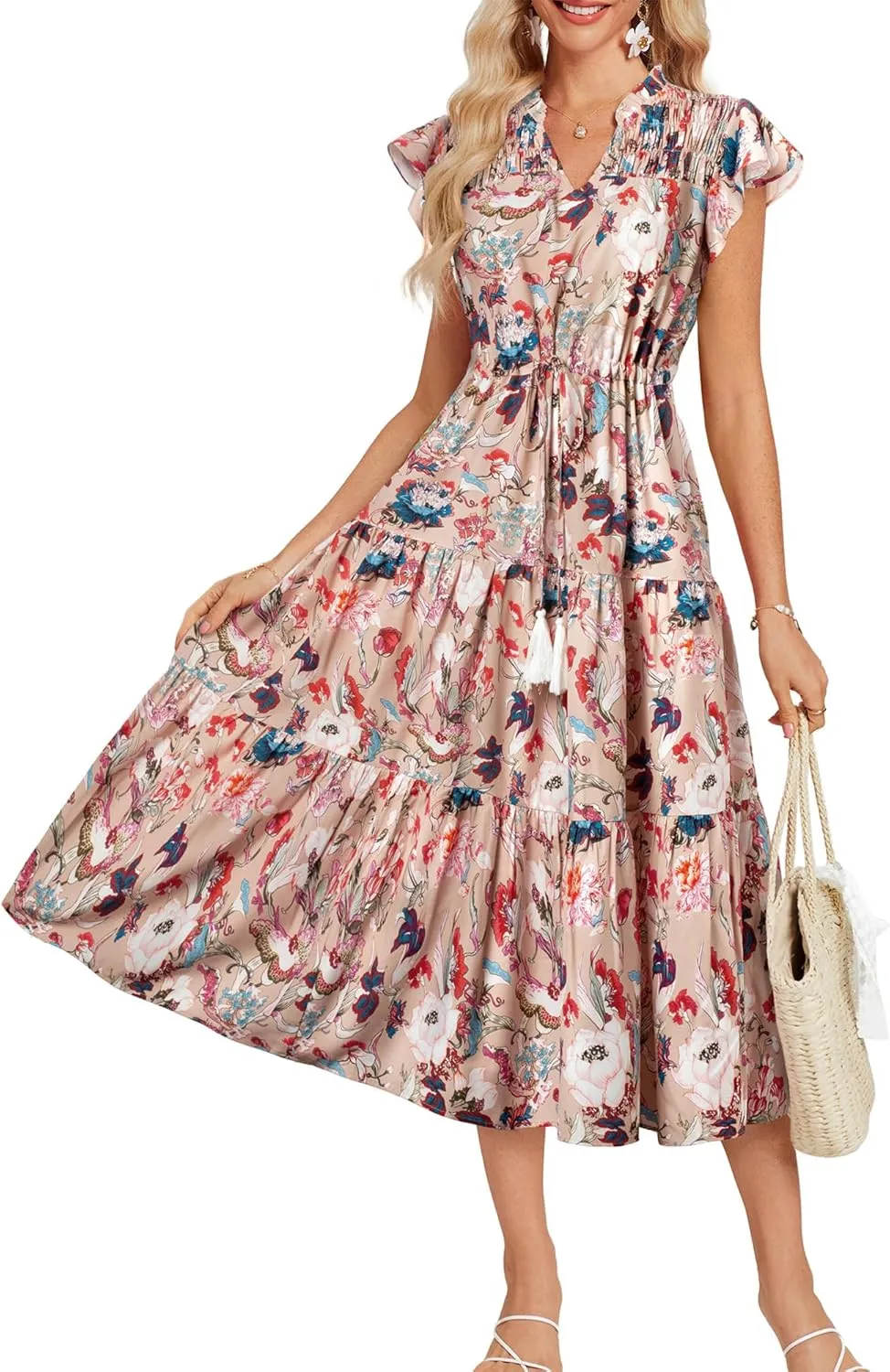 GRACE KARIN Womens Summer Floral Midi Dresses Short Sleeve Beach Wedding Guest Dress Drawstring Long Flowy Dress with Pockets