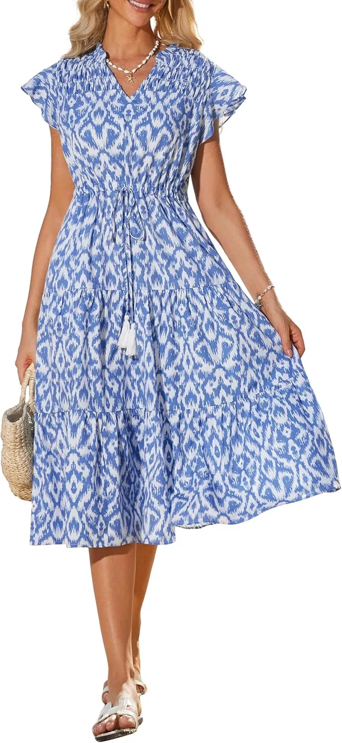 GRACE KARIN Womens Summer Floral Midi Dresses Short Sleeve Beach Wedding Guest Dress Drawstring Long Flowy Dress with Pockets