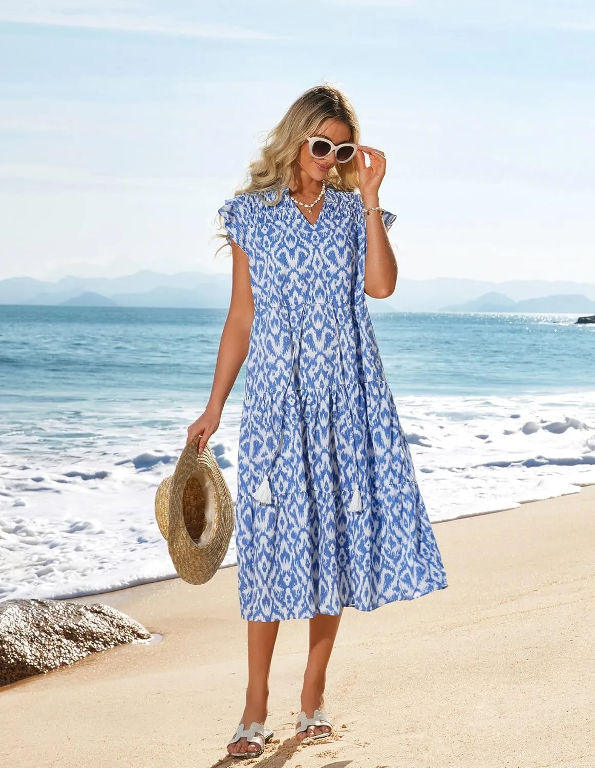 GRACE KARIN Womens Summer Floral Midi Dresses Short Sleeve Beach Wedding Guest Dress Drawstring Long Flowy Dress with Pockets