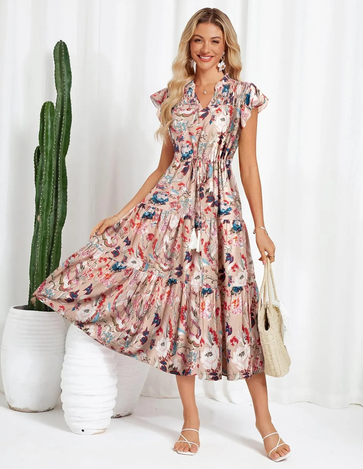 GRACE KARIN Womens Summer Floral Midi Dresses Short Sleeve Beach Wedding Guest Dress Drawstring Long Flowy Dress with Pockets